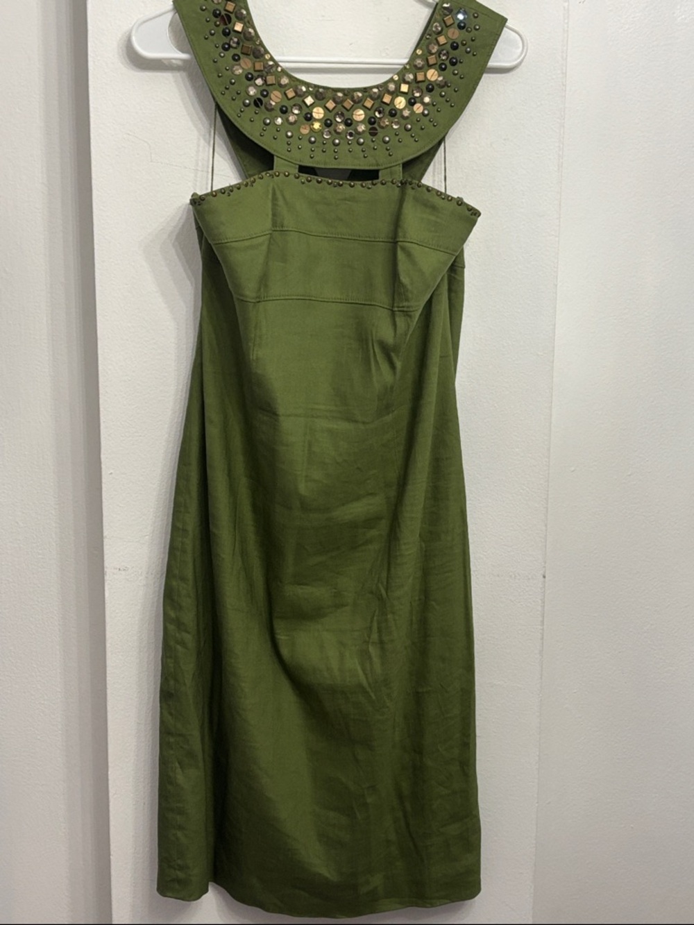Adrianna Papell Olive Green Embellished Halter Midi Dress Linen blend Size 12